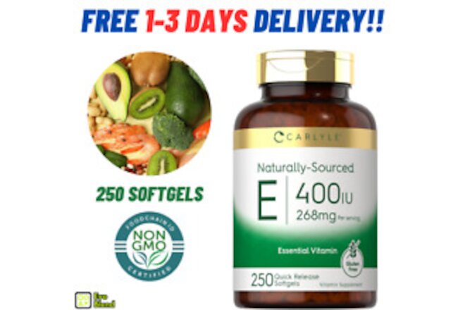 Vitamina E 400 UI | 250 Cápsulas Blandas | Origen Natural | Sin OMG y Sin Gluten