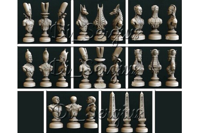 8 Pcs 3D STL Models Chess Game Egyptian's Set for CNC Router Aspire 3D Printer