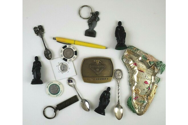 Vintage Junk Drawer Metal Lot Belt Buckle Keychain Ashtray Casino Chip Spoon