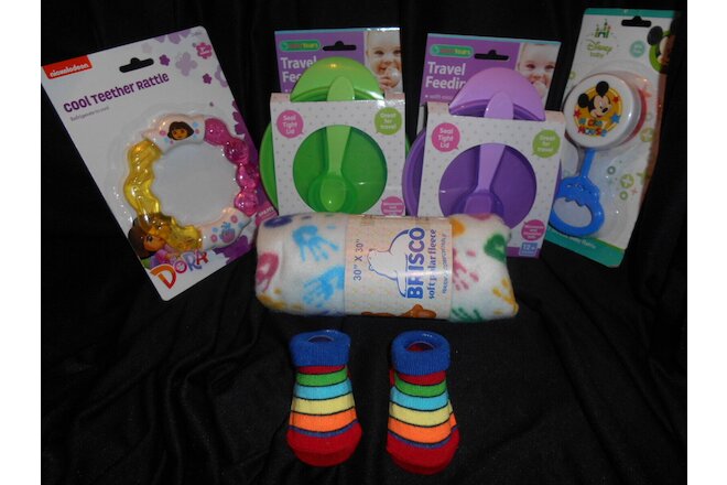 6 Piece Lot 0-12 months Baby Bundle Booties Rattle Teether Blanket Dishes Spoons