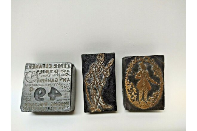LOT 3 vintage LEAD stamps Printing press blocks HEAVY Cleaner gold reliefs