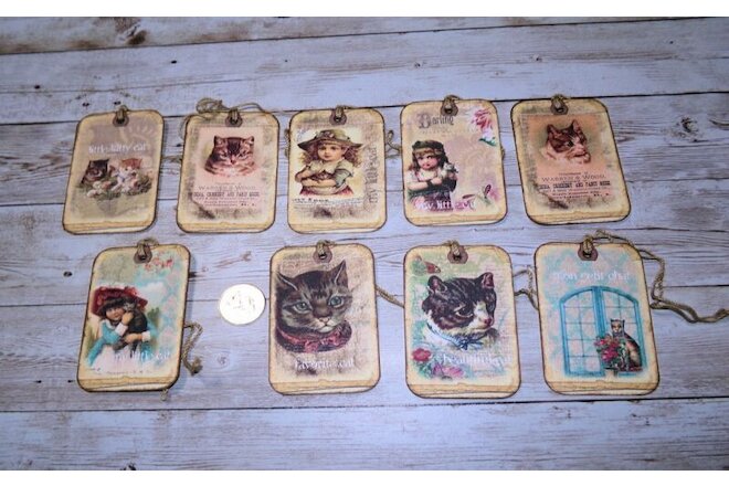 9~Vintage~Shabby Chic~Cats~Junk Journal~Linen Cardstock~Gift~Hang~Tags