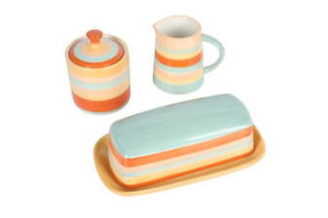 Home Vintage Stripe Orange Stoneware Butter Dish, Sugar & Creamer Set
