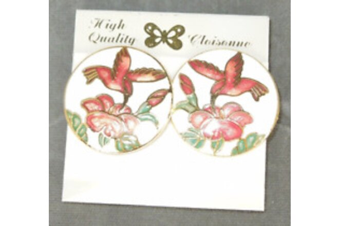 1 pair of Enamel Cloisonne Humming Bird round clip Earrings *F
