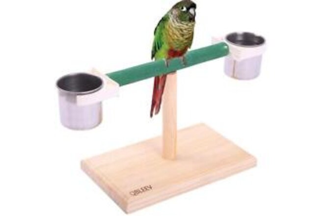 Bird Play Stands with Feeder Cups Dishes Tabletop T Parrot Perch Wood Bird Pl...