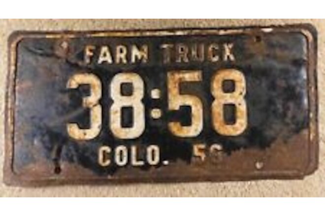 1956 Colorado Farm Truck Vintage License Plate 38 58 CO 38:58 Farmer Ag Farming