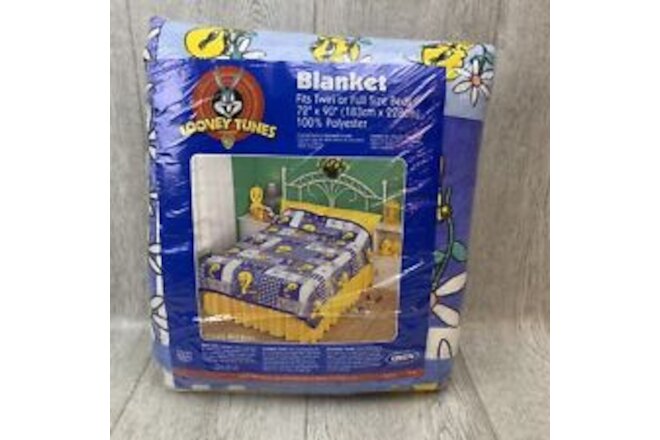 Vintage Blanket Looney Tunes 1998 Printed  Throw Tweety Bird Twin 72” X 90” USA