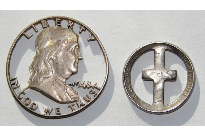 Franklin Silver Half Dollar Bust and Nickel Coin Cross Cut Out Vintage
