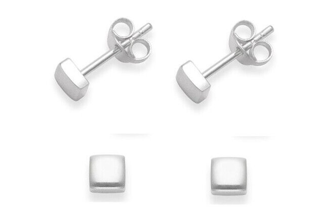 Simple 925 Sterling Silver 4mm Square Plain stud earrings Great for School