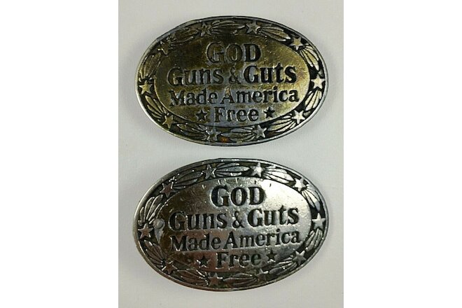 2 Vintage God Guns And Guts Belt Buckle, Great American Buckle Co. Made in USA