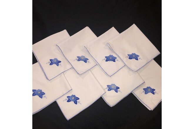 Set of 8 Matching Vintage White Napkins Blue Flower Applique' Cross Stitch Hem
