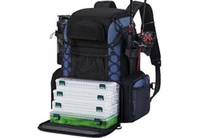 Fishing Tackle Backpack with Rod Holders & 4 Tackle Boxes, Waterproof Black