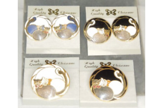 2 pairs of Enamel Cloisonne Cat Pierced post Earrings 2 Cat pins *F