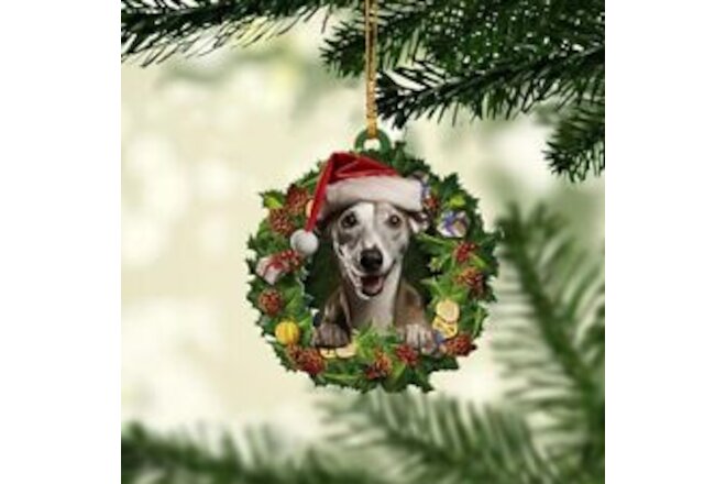 Whippet Hound 2D Flat Christmas Ornament, Galgo Whippet Wearing A Christmas H...