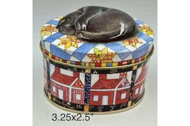 Keller Charles 3D Black Sleeping Cat Trinket Oval Tin Farmhouse And Quilt Design