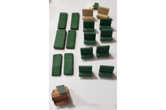 12  O-Scale wooden seats (8 green + 2 unpainted +2 stuck together)+8 cushions(?)