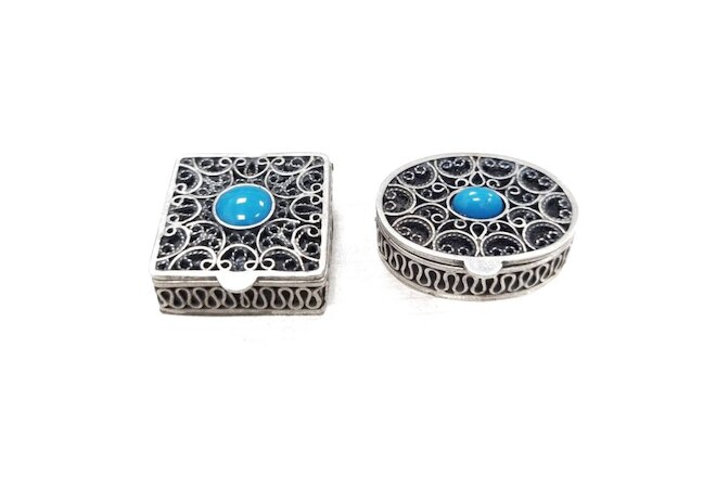 Pair Miniature Boxes 1inch Sterling Silver 925 Vintage Blue Stone Tobacco Box