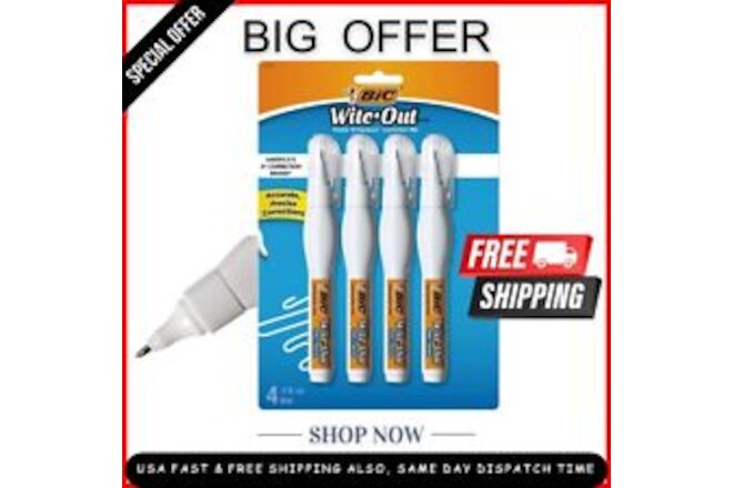 Original Bic Wite-Out Shake 'n Squeeze Correction Fluid Pen White 4/Pack NEW