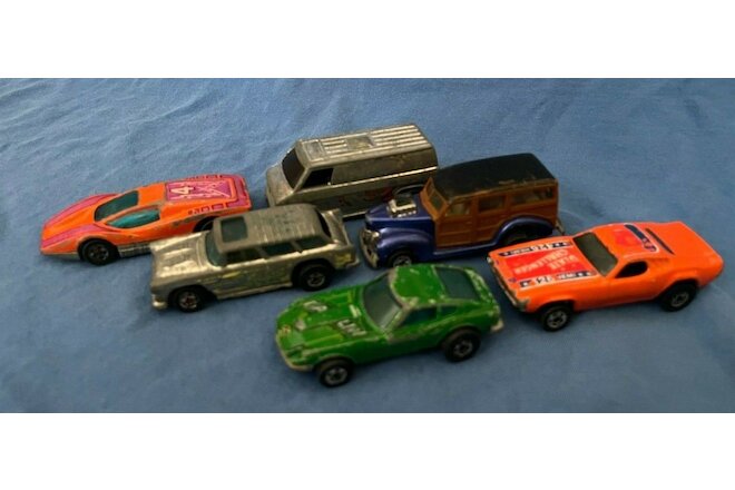 1969-70's Hot Wheels Lot of 6 Black Wall Datsun Alive 55 Dixie Challenger Woodie