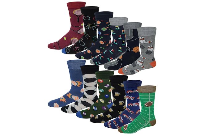 Different Touch 12 Pairs Men's Assorted Sports Design Crew Socks 10-13