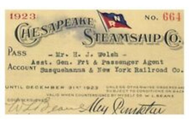 PASS 1923 Chesapeake Steamship Co.  H.J. Welsh