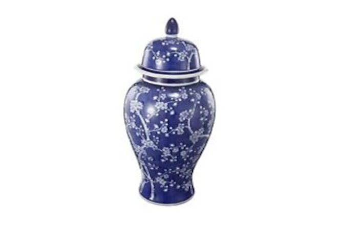 18" Porcelain Jar with Lid - & White Cherry Blossom 9.5" x 9.5" x 18" Blue