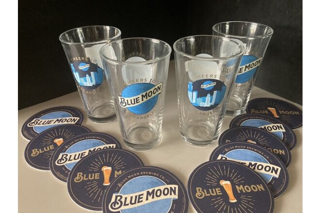 (4) NEW BlueMoon LA Beer Pint Glasses Glass & 8 Bar Coasters  Coaster lot