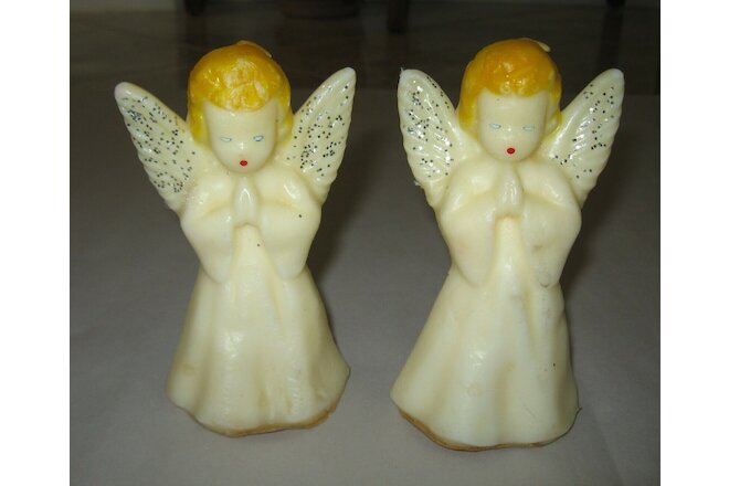 2 Vintage GURLEY Novelty 5" Praying Angel Christmas Candles Glitter Wings Unlit