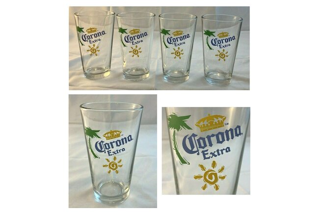 VINTAGE CORONA EXTRA Beer Pint Bar Glasses 16 oz. Logo Tropical 4-Piece Set