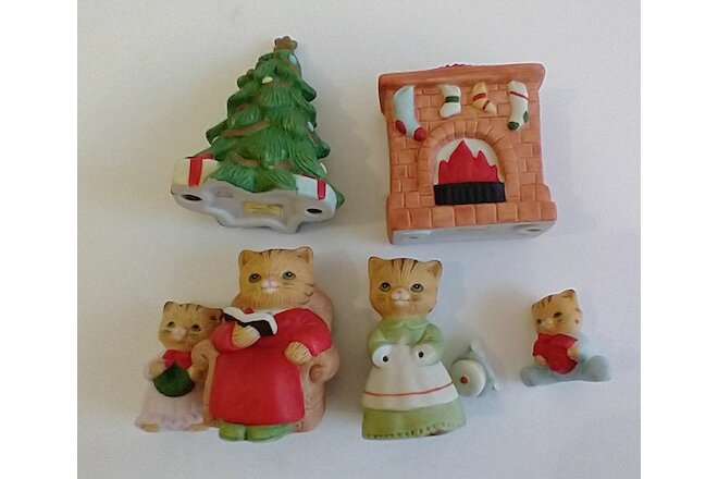 6 Vintage HOMCO Christmas Cat Family Ceramic Figurines Stamped 5103 Vintage