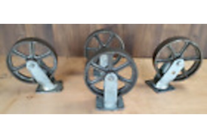 Vintage Cast Iron Wheels Industrial Factory Cart SET- Table Hit Miss Cart Wheels
