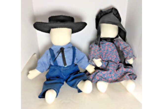 Amish Faceless Dolls Pair - Male, Female. Adorable Blue & Black Outfits - 18-20"