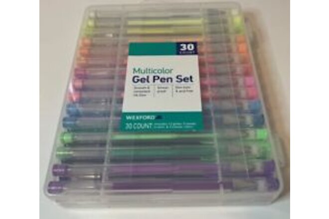 Wexford Multicolor Gel Pen Set New 30 Count Glitter Pastel Neon In Plastic Case