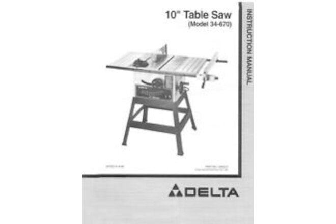 Delta 34-670 10" Table Saw Instruction Manual Reprint