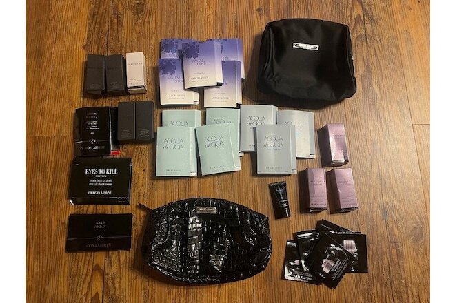 Giorgio Armani Beauty Makeup Bags Skincare Perfume Samples New Lot Of 34