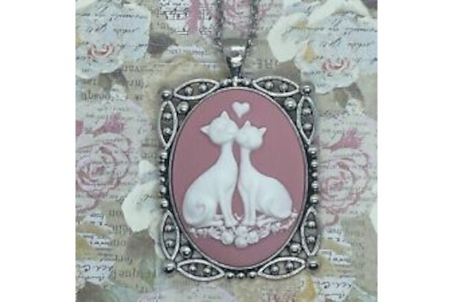 PINK  HEART silver BIRTHDAY  cameo cat resin cameo Kitten Cat ribbon necklace