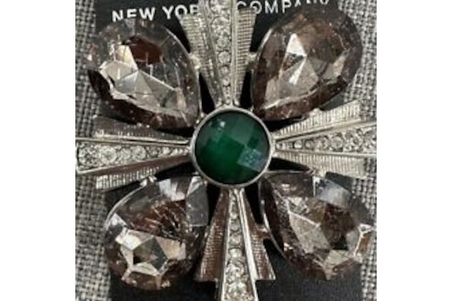 New York & Company Silvertone Brooch Pin Emerald Green Rhinestone Jewelry.