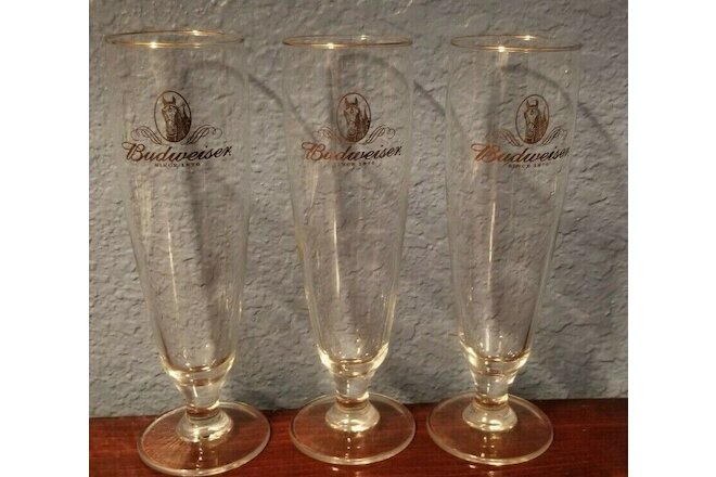 Lot of 3 Budweiser Stemmed 8" Tall Pilsner Glasses with Gold Clydesdale Horse