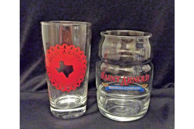 Saint Arnold Brewing Barrel Shaped Beer Glass & Red St Arnold TX Oldest Brewery