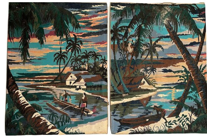 Pair MCM VINTAGE Paint by Number Art Paintings Tropical Beach Island 9.5"x13"