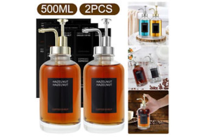 2Pcs Coffee Syrup Dispenser 18 Labels 16.9 oz 500 ml Container Glass Bottle☘ .a