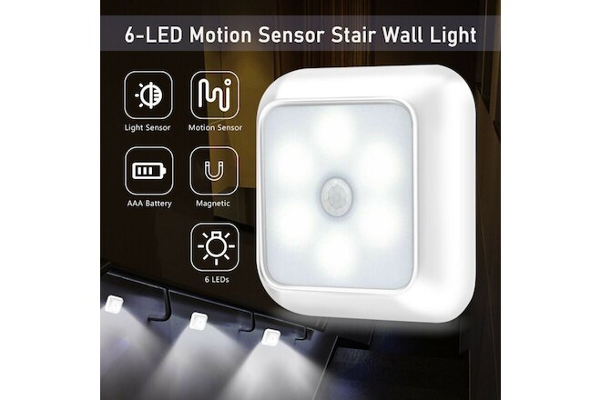 6-LED Wireless Motion Sensor Night Light Wall Cabinet Closet Stair Battery Lamp