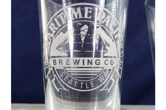 MARITIME PACIFIC BREWERY PINT GLASSES~Set Of Two~Etched Glass~SEATTLE~RARE