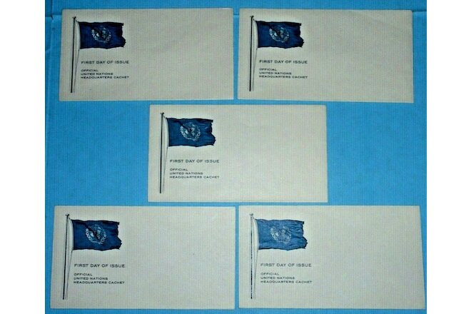 UNITED NATIONS Headquarters~1st DAY of ISSUE~Cachet~EMBOSSED UN flag~5 Envelopes