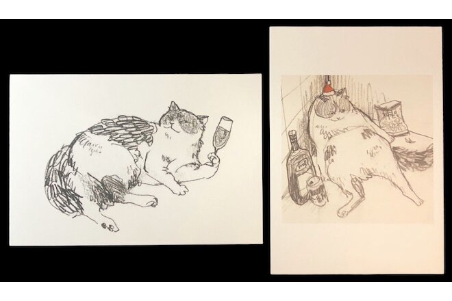 2 Postcards Cats Kittens Drinking Drunk Cheers Wine 2020 by Kathy Lam