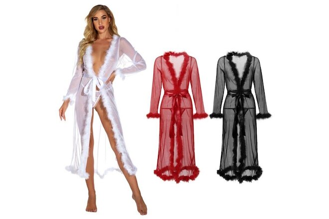 Women Sexy Feather See-through Dress Nightgown Sleepwear Lingerie Robe Bathrobe
