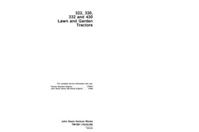John Deere 322 330 332 430 Lawn Garden Tractors Repair Technical Manual PDF/USB