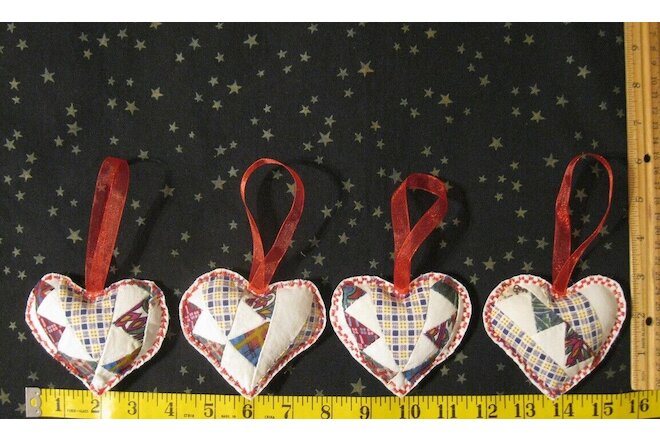 4 Vtg quilt heart ornaments 3" apx Valentines Handmade New
