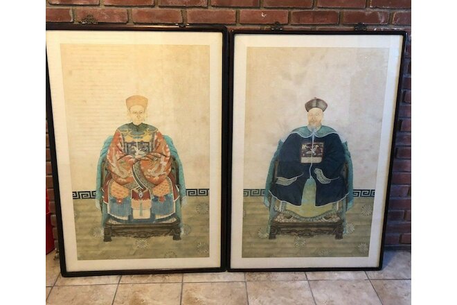 Matched Pair Chinese Ancestor Portraits Large 48"x32" Qing Dynasty 4 Claw Dragon