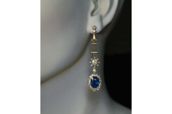 Oval Lab-Created Blue Sapphire Diamond Dangle Earring 14K Yellow Gold Plated
